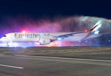 Emirates lands in Adelaide with new A350 model Emirates Adelaide A Inaugural Emirates A greeted with water cannons at Adelaide Airport