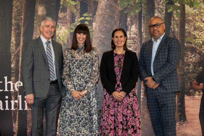 Air New Zealand Chief Executive Officer Greg Foran, Air New Zealand Chief Sustainability Officer Kiri Hannifin, Air New Zealand Board Director Laurissa Cooney with Tourism Minister Peeni Henare